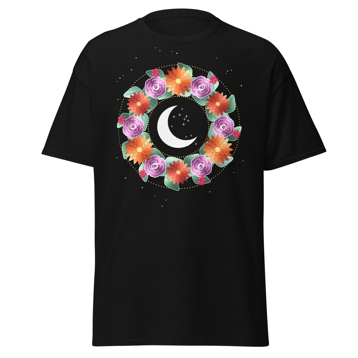 Night Wreath graphic tee in Black, original art by AuraCanvas