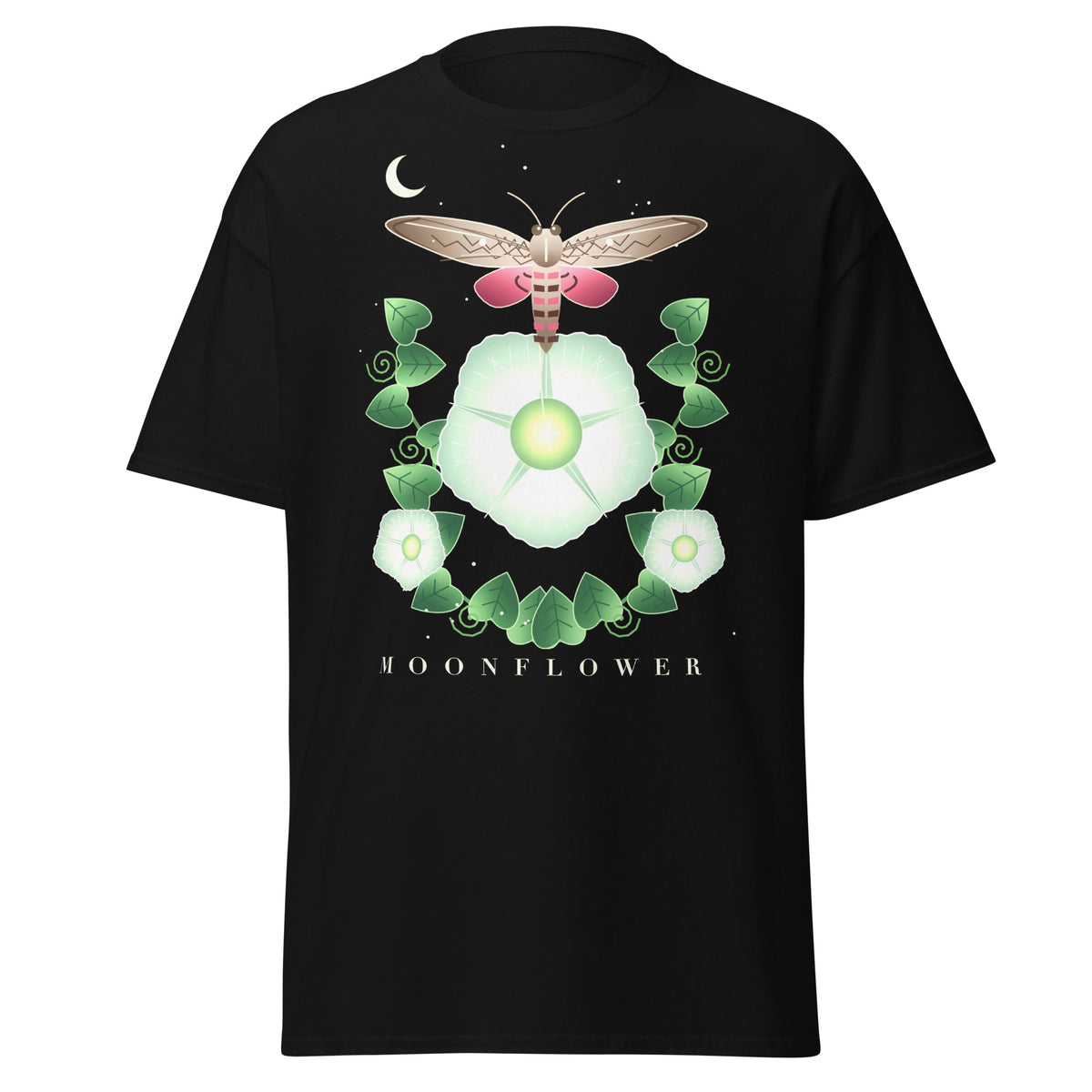 Moonflower graphic tee in Black, original art by AuraCanvas