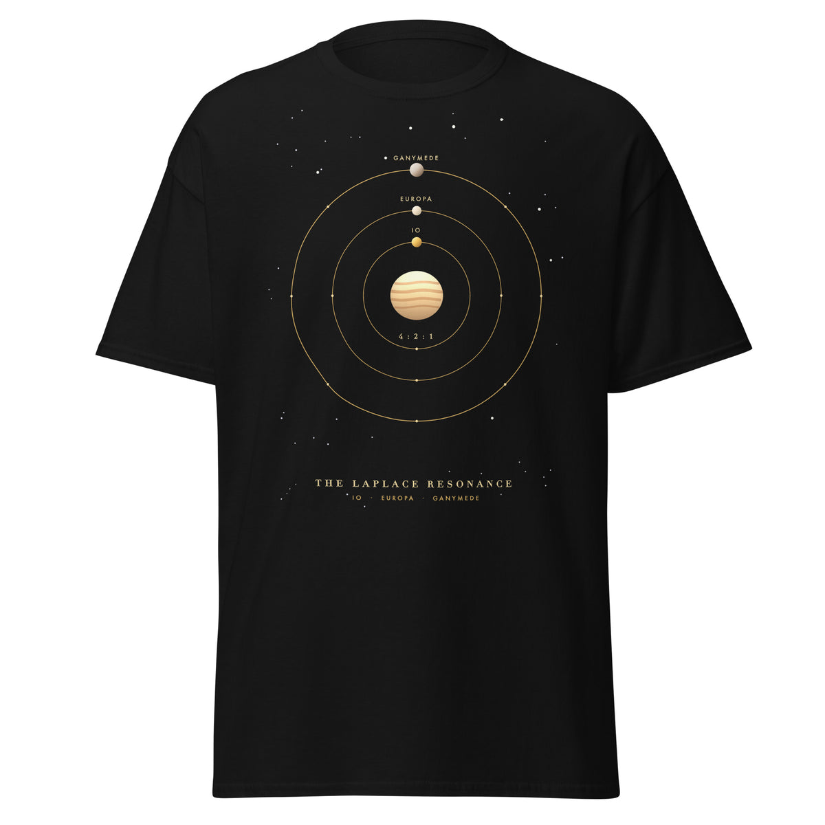 The Laplace Resonance graphic tee in Black, original art by AuraCanvas