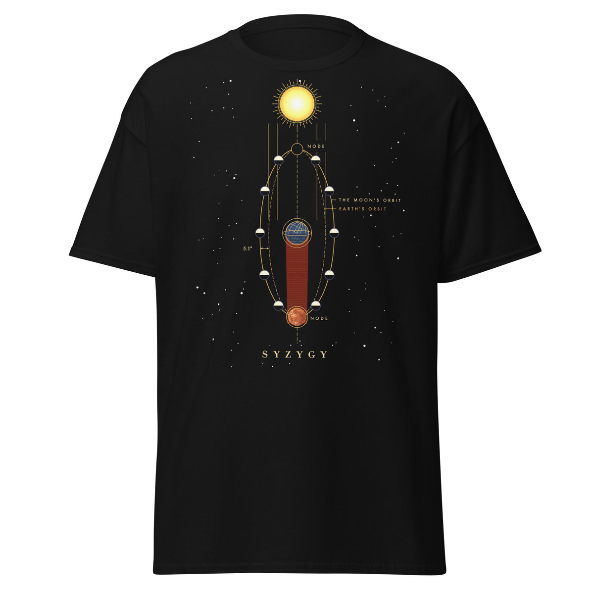 Lunar Alignment graphic tee in Black, original art by AuraCanvas
