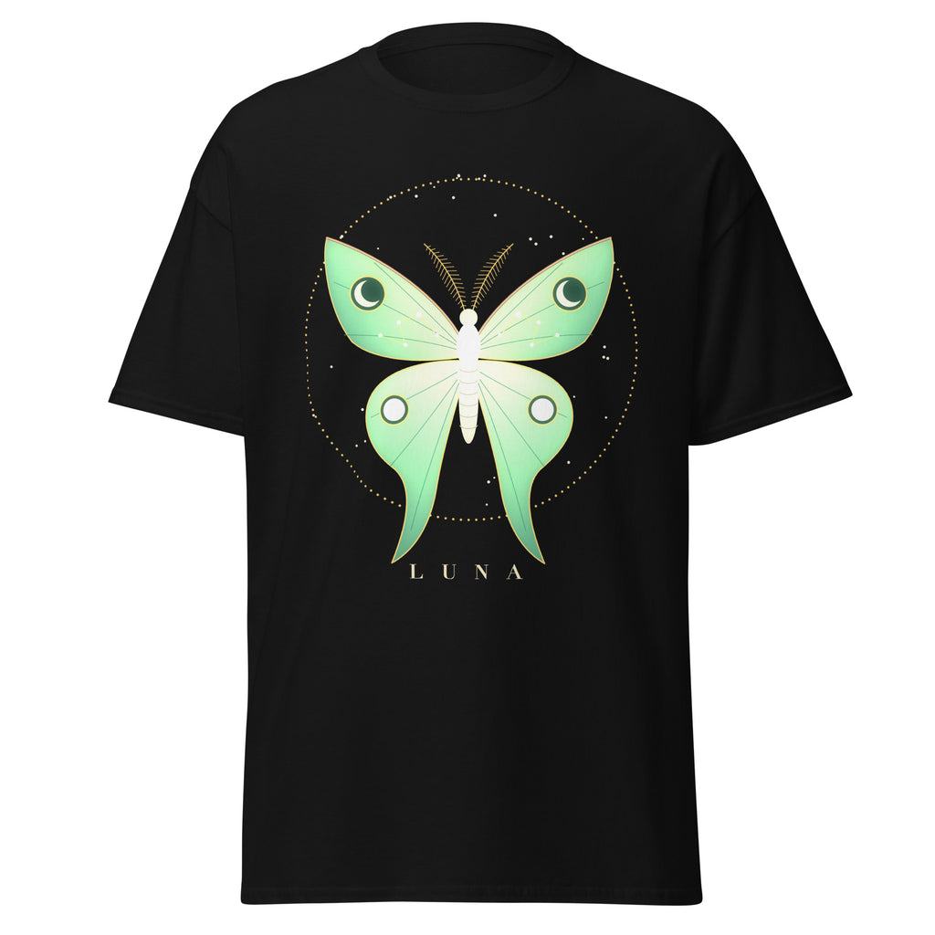 Luna Moth graphic tee in Black, original art by AuraCanvas