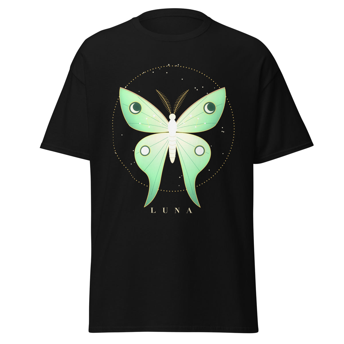 Luna Moth graphic tee in Black, original art by AuraCanvas