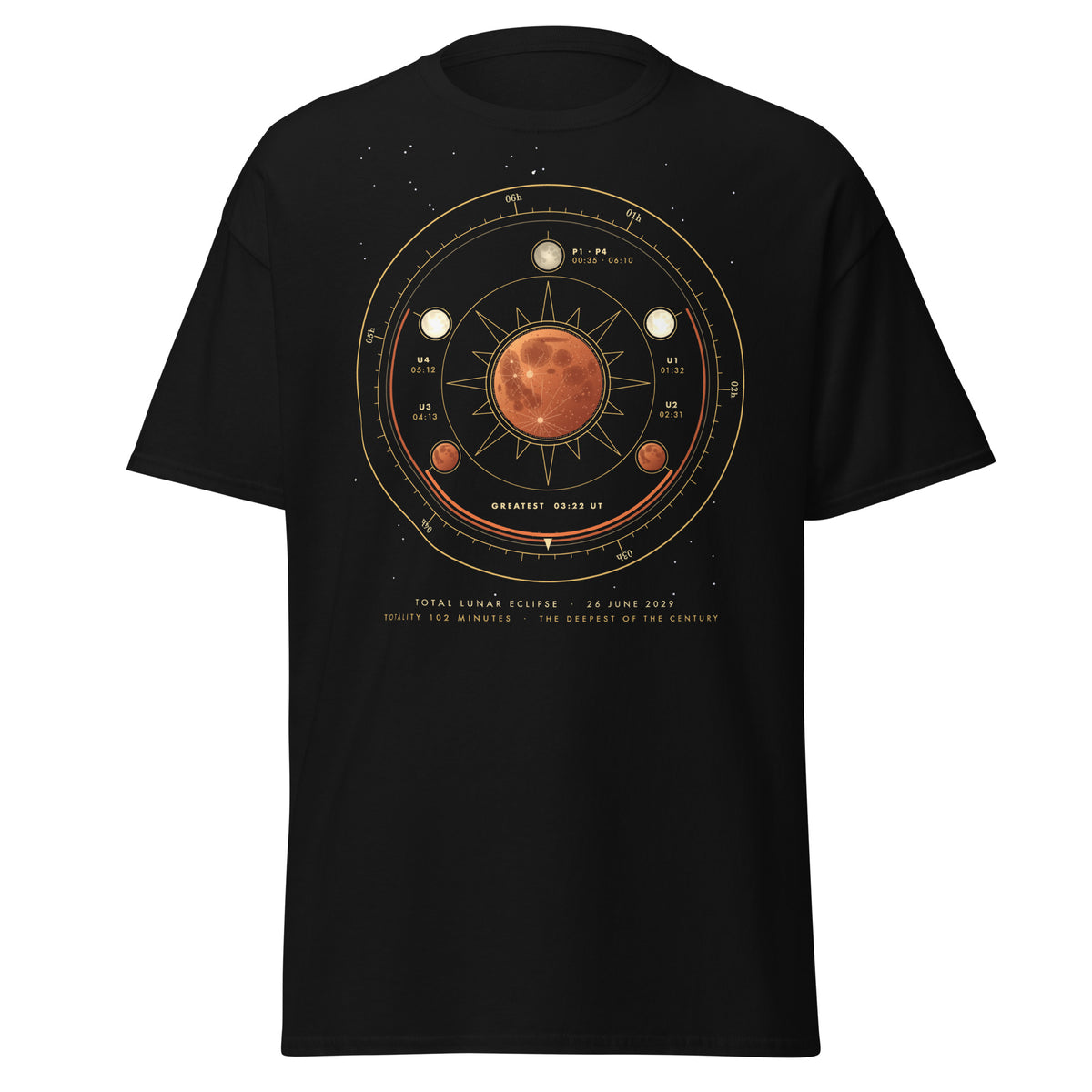 Eclipse in Gold graphic tee in Black, original art by AuraCanvas