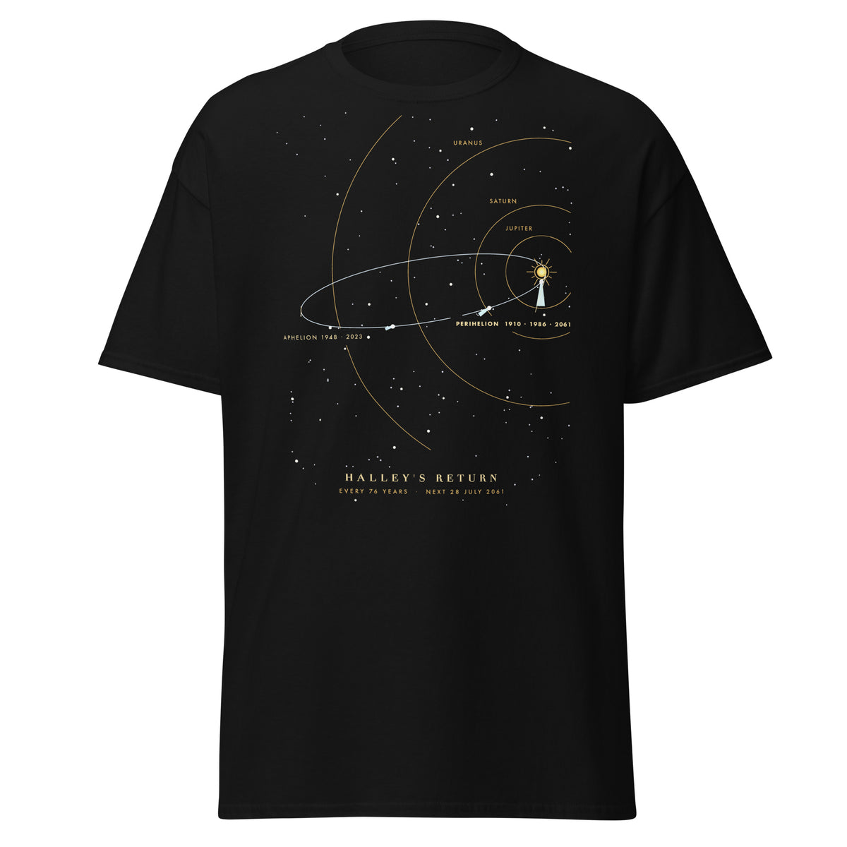 Halley's Return graphic tee in Black, original art by AuraCanvas