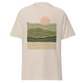 Olive Horizon graphic tee in Natural, original art by AuraCanvas
