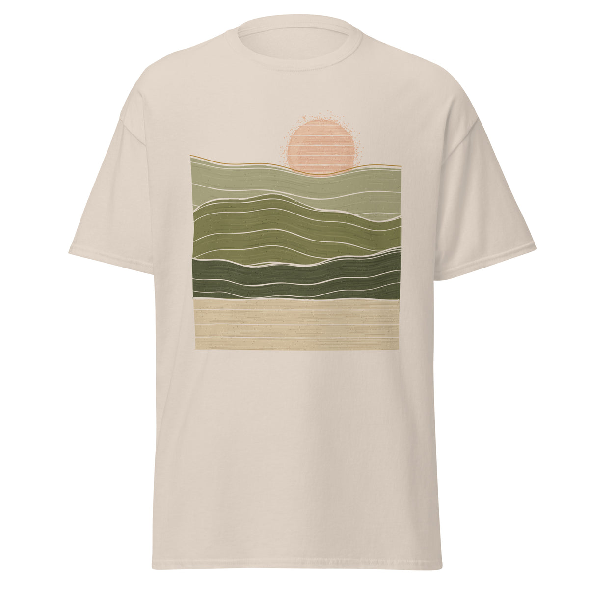 Olive Horizon graphic tee in Natural, original art by AuraCanvas