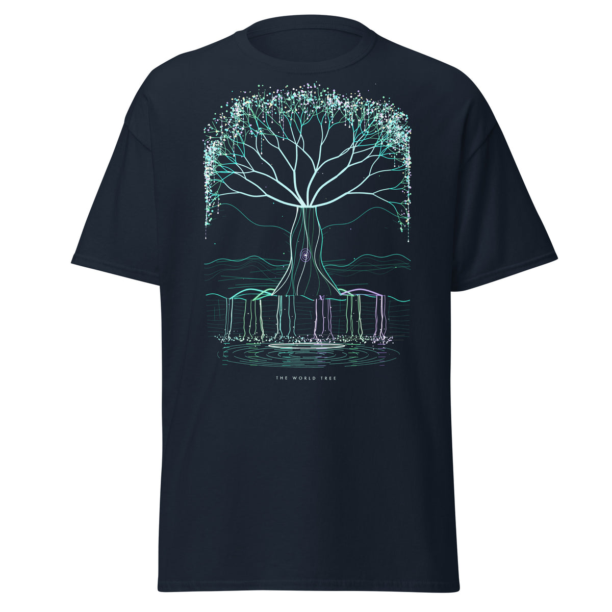 The World Tree graphic tee in Navy, original art by AuraCanvas