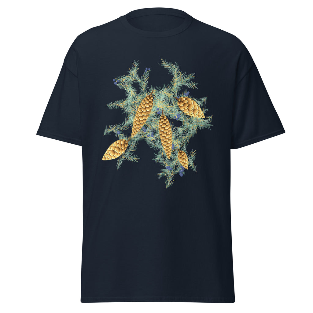 Gilded Evergreen graphic tee in Navy, original art by AuraCanvas