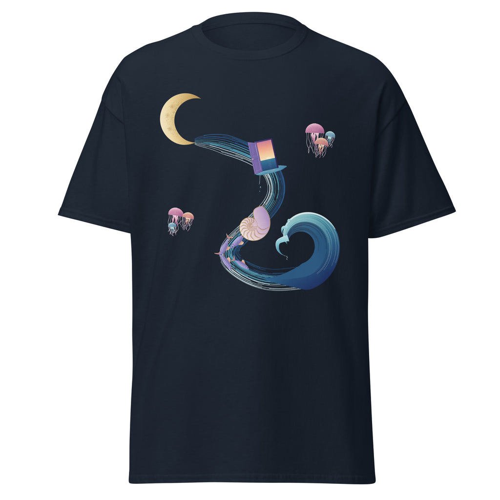 Dream Tide graphic tee in Navy, original art by AuraCanvas