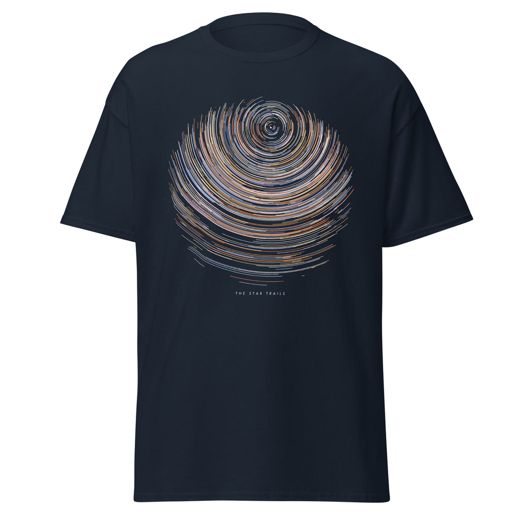 The Star Trails graphic tee in Navy, original art by AuraCanvas