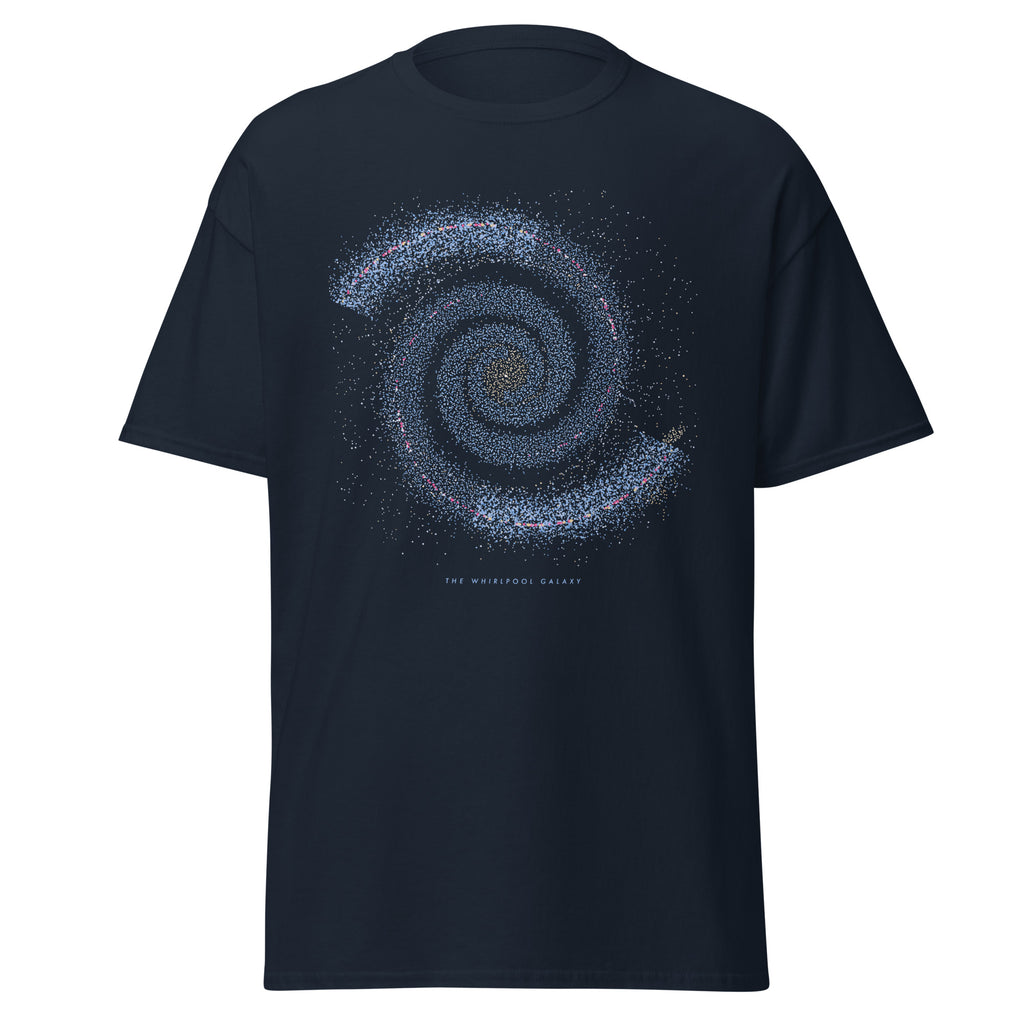 The Whirlpool Galaxy graphic tee in Navy, original art by AuraCanvas