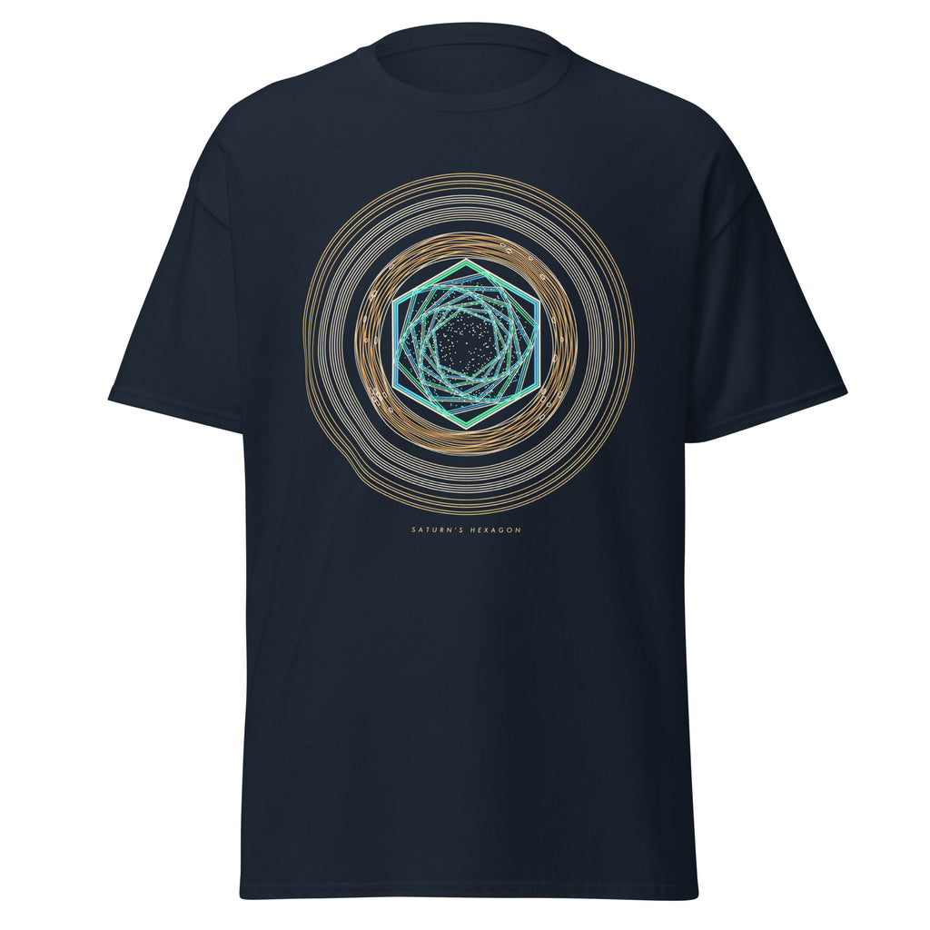 Saturn's Hexagon graphic tee in Navy, original art by AuraCanvas