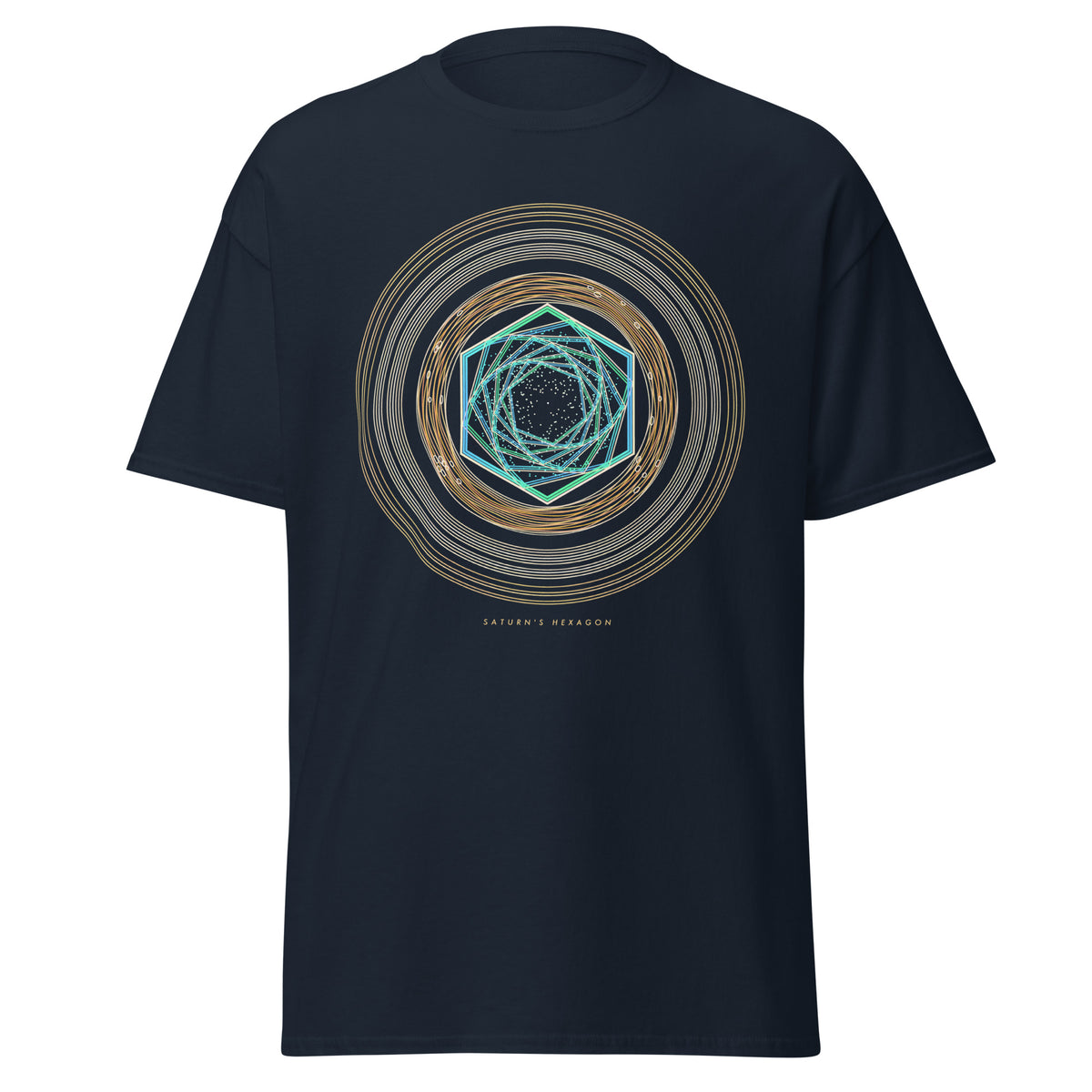 Saturn's Hexagon graphic tee in Navy, original art by AuraCanvas