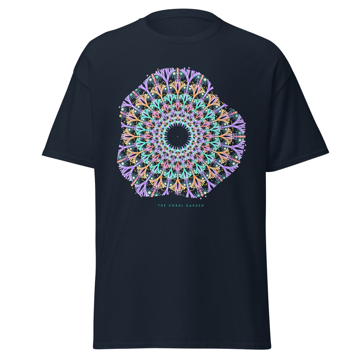 The Coral Garden graphic tee in Navy, original art by AuraCanvas