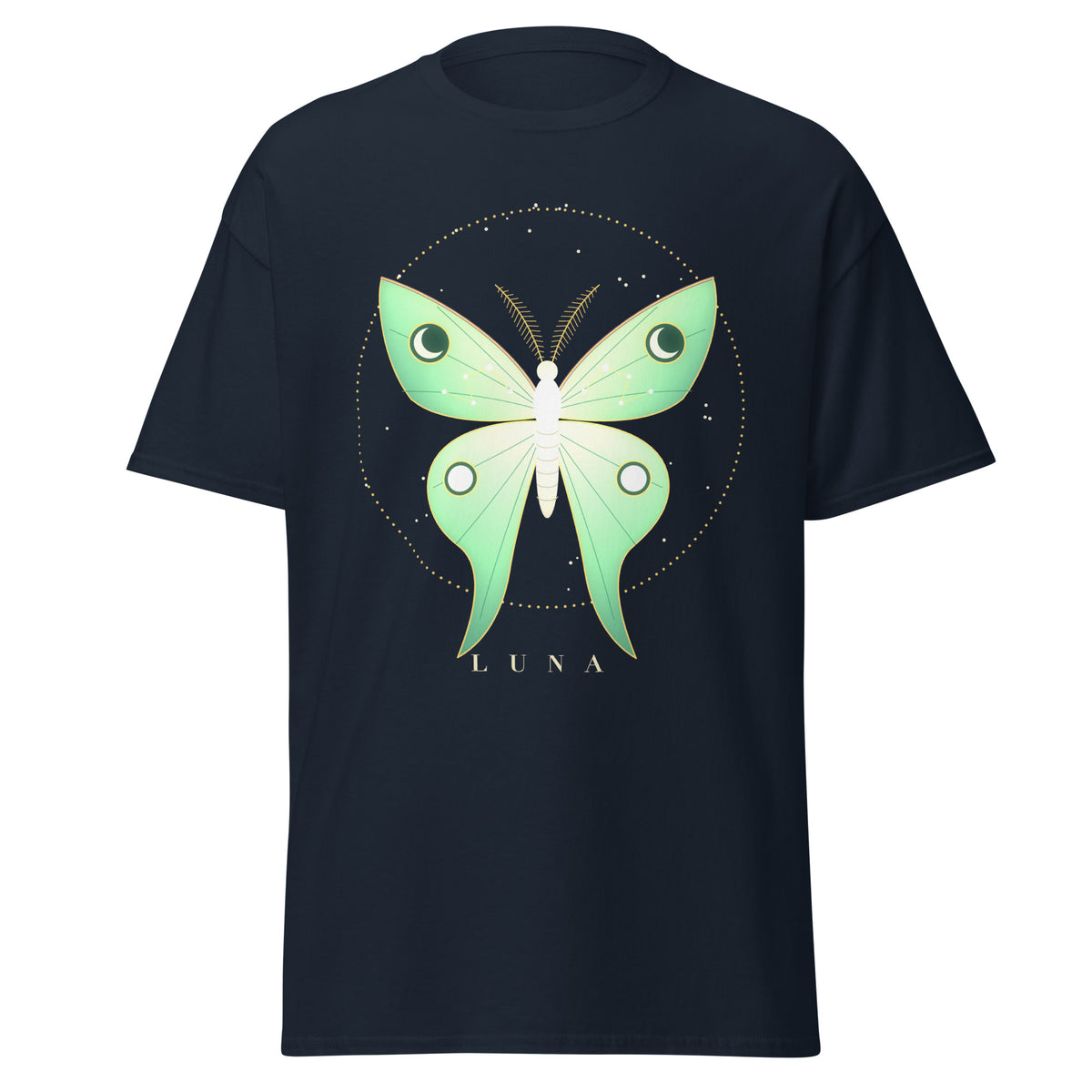 Luna Moth graphic tee in Navy, original art by AuraCanvas