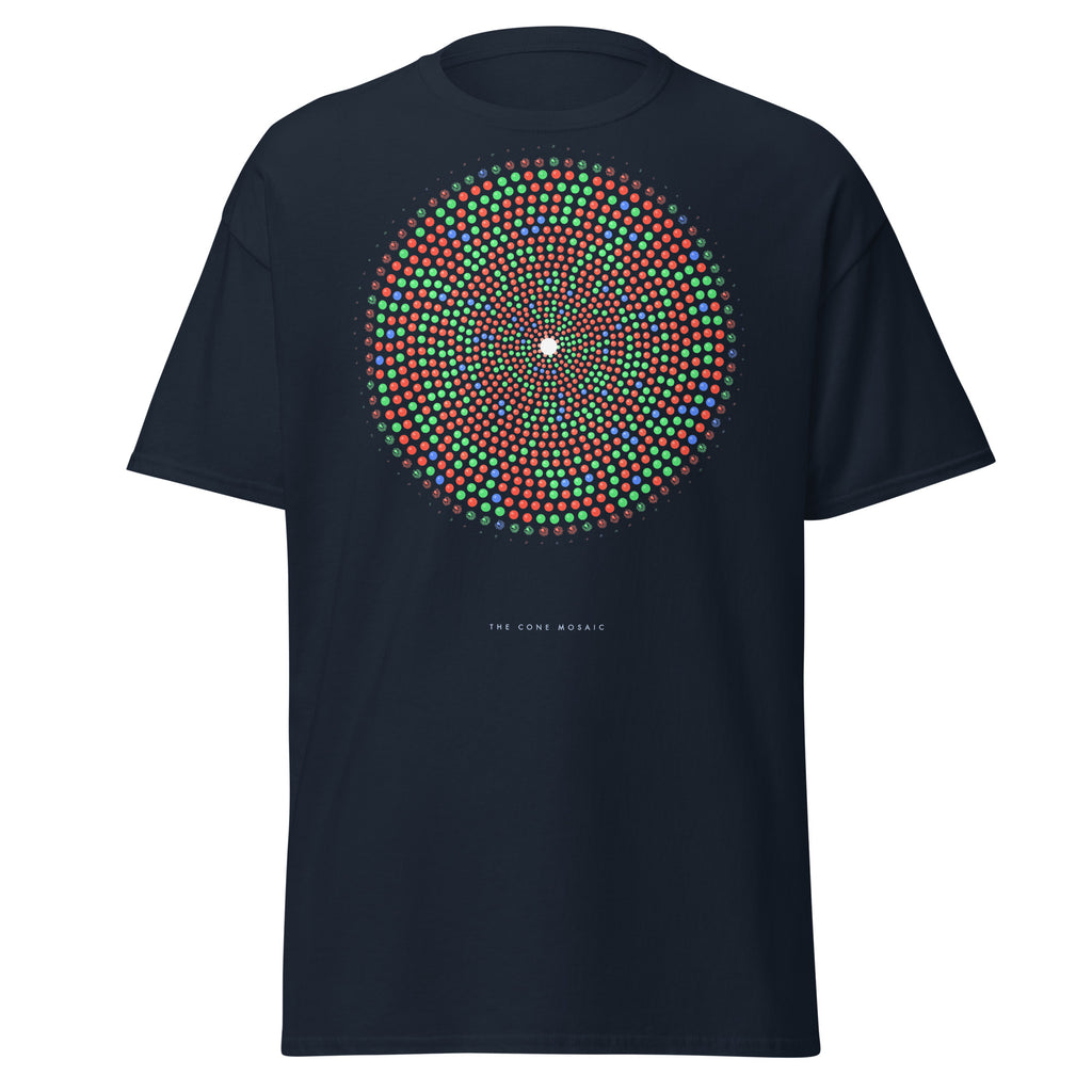 The Cone Mosaic graphic tee in Navy, original art by AuraCanvas