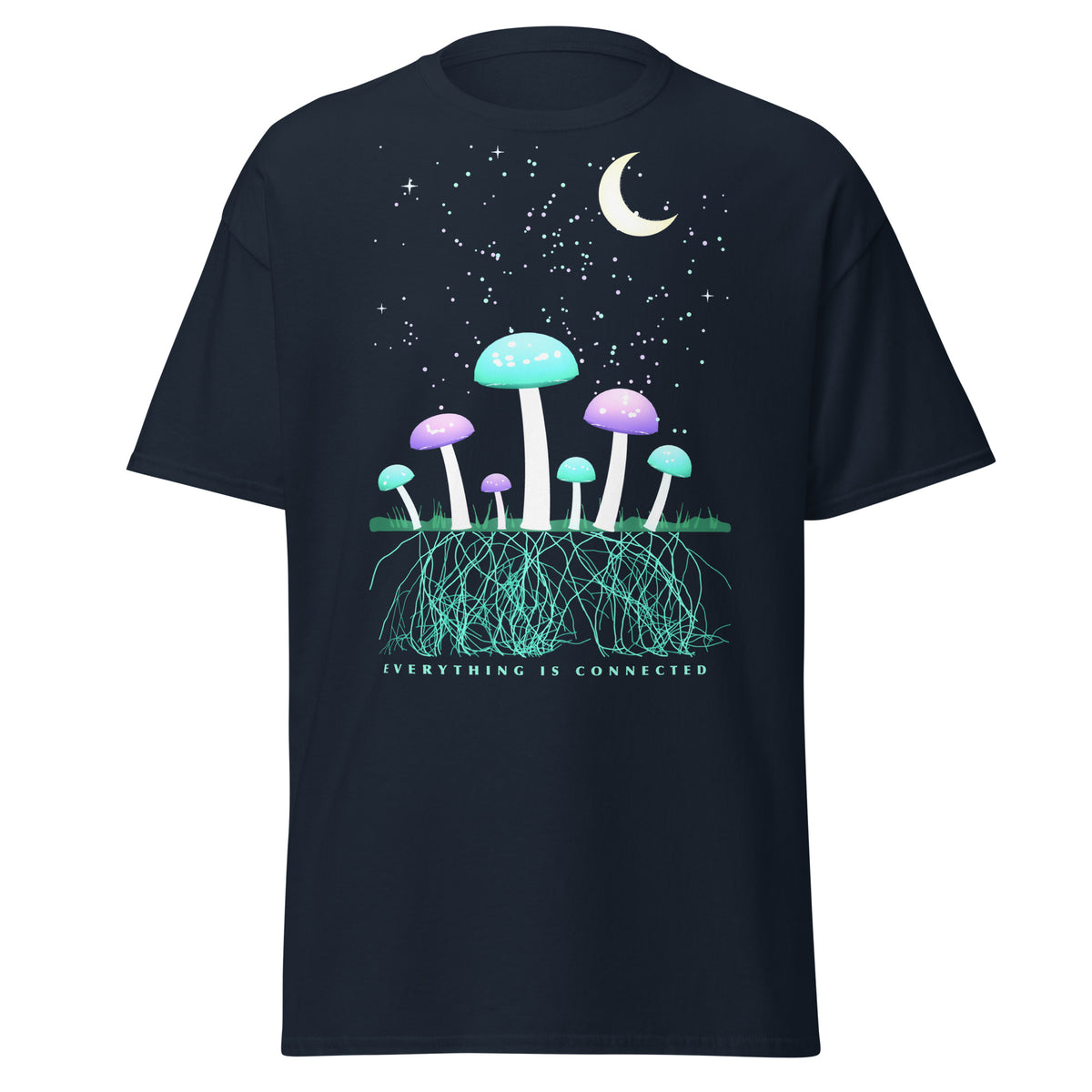 Moonlit Mycelium graphic tee in Navy, original art by AuraCanvas