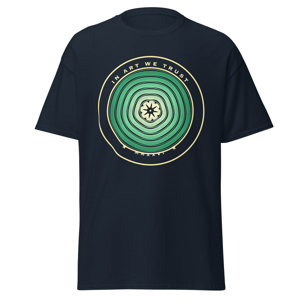 In Art We Trust graphic tee in Navy, original art by AuraCanvas