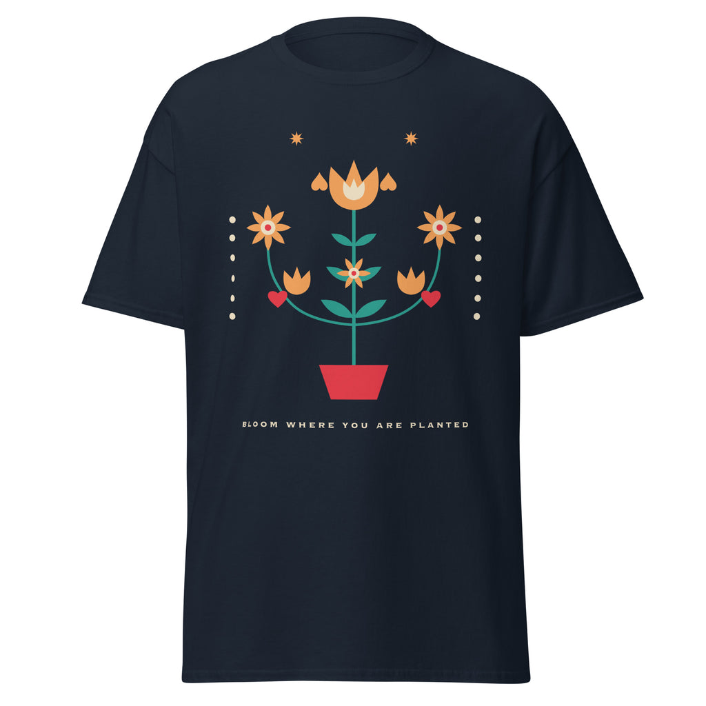 Folk Bloom graphic tee in Navy, original art by AuraCanvas