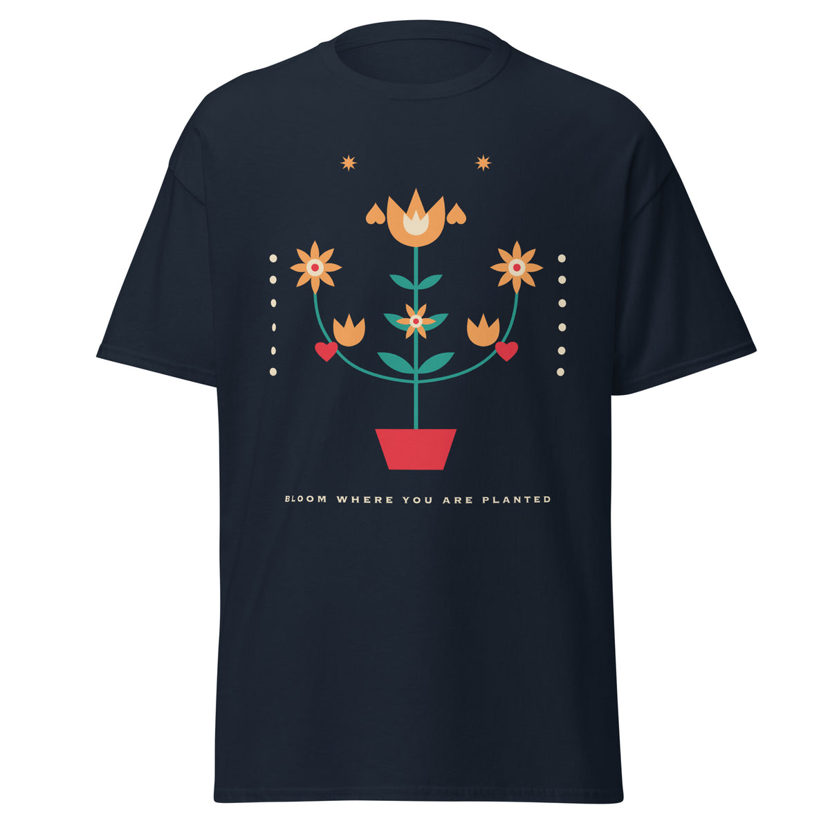 Folk Bloom graphic tee in Navy, original art by AuraCanvas