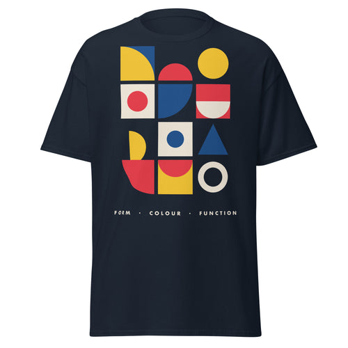 Bauhaus Blocks graphic tee in Navy, original art by AuraCanvas