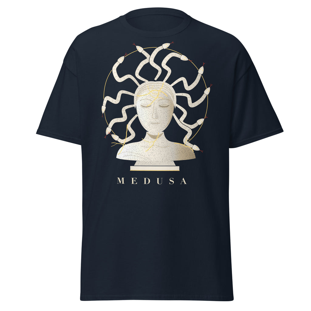 Kintsugi Medusa graphic tee in Navy, original art by AuraCanvas
