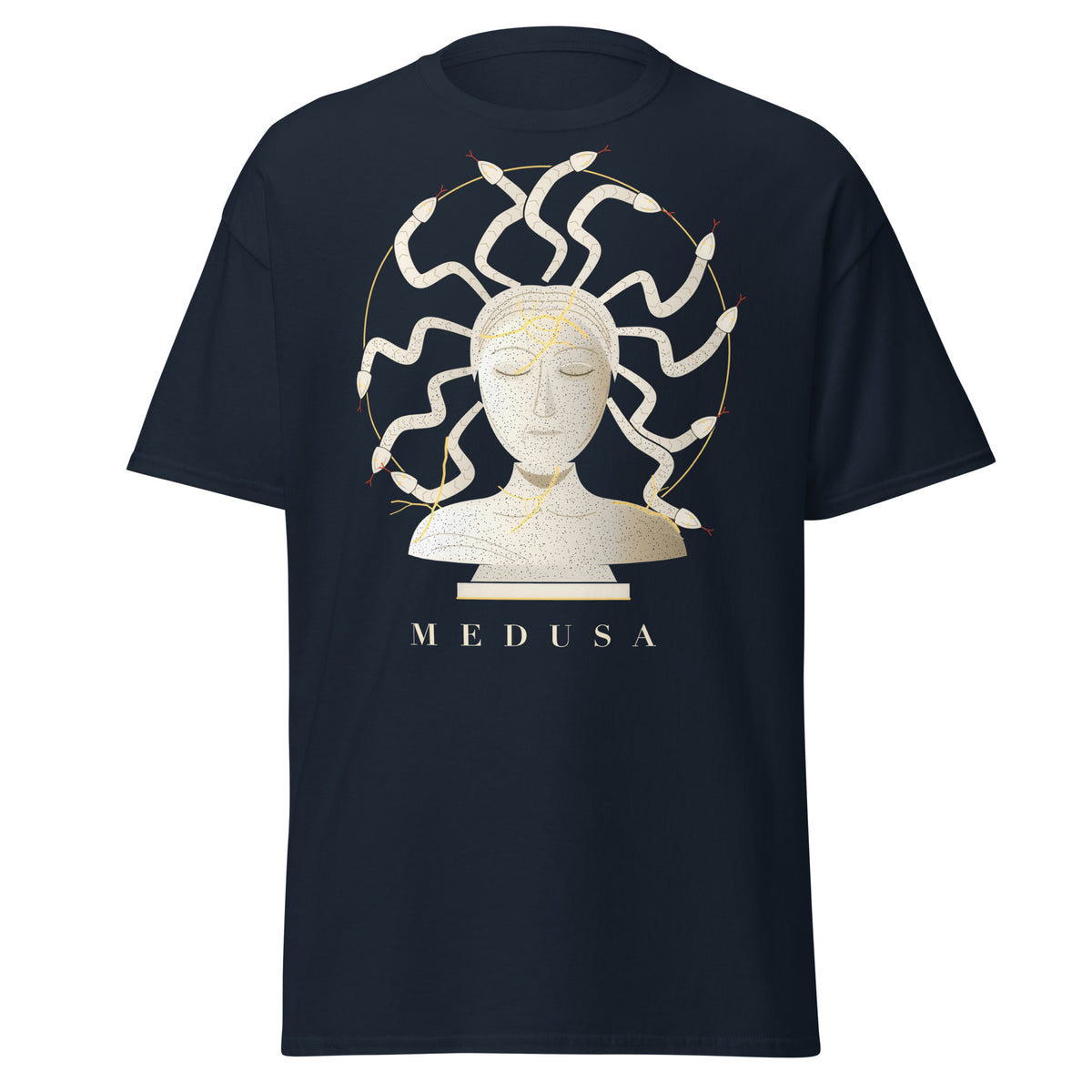 Kintsugi Medusa graphic tee in Navy, original art by AuraCanvas