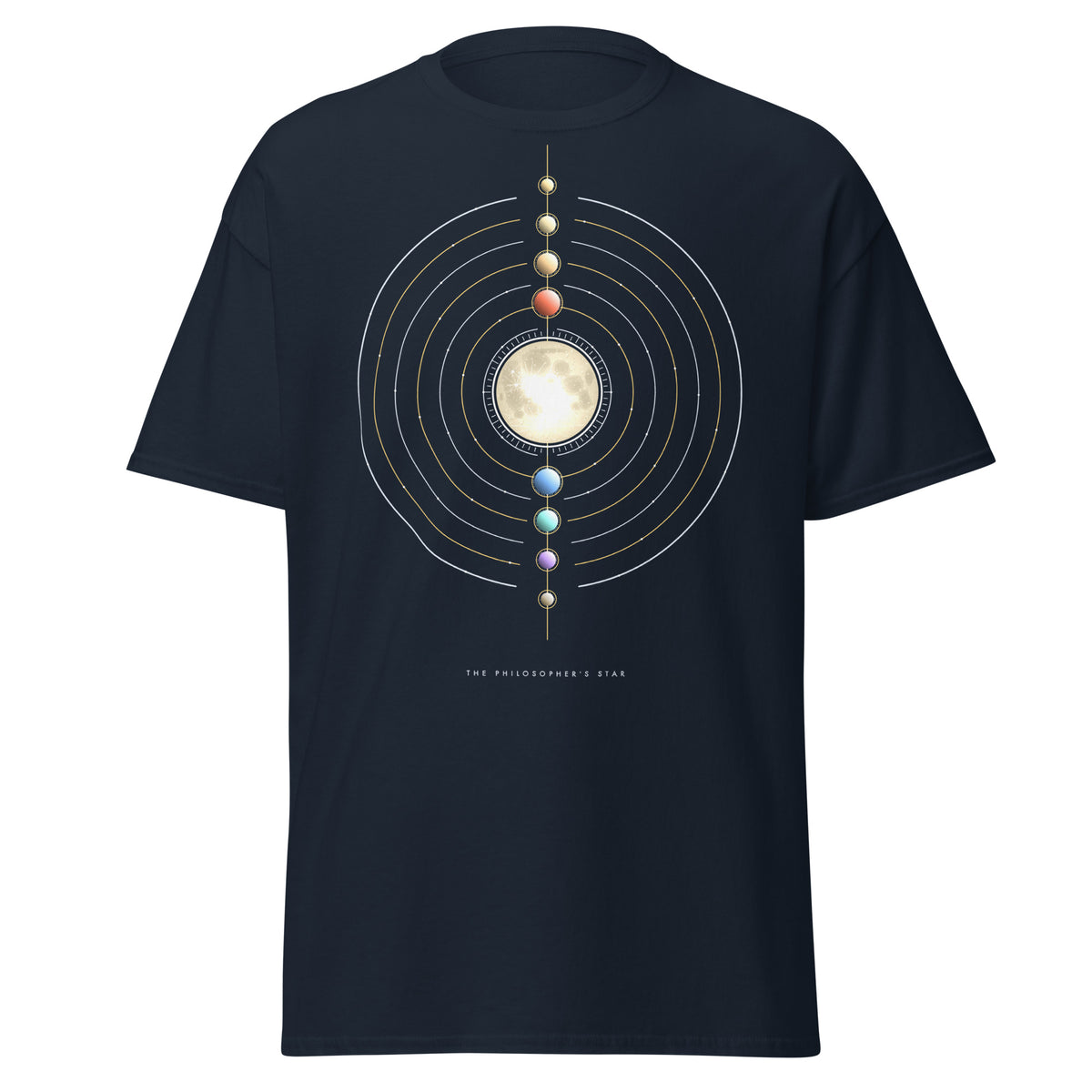 The Philosopher's Star graphic tee in Navy, original art by AuraCanvas