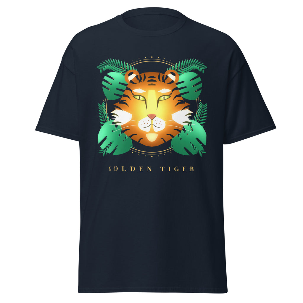 Golden Tiger graphic tee in Navy, original art by AuraCanvas