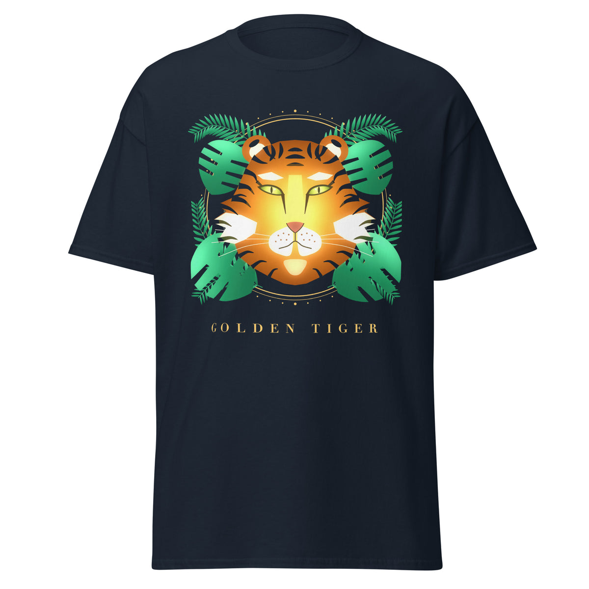 Golden Tiger graphic tee in Navy, original art by AuraCanvas