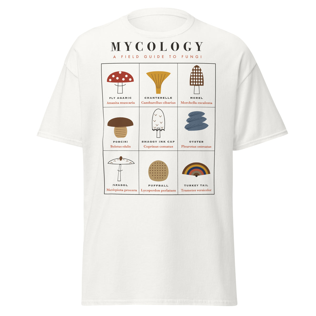 Mushroom Field Guide graphic tee in White, original art by AuraCanvas