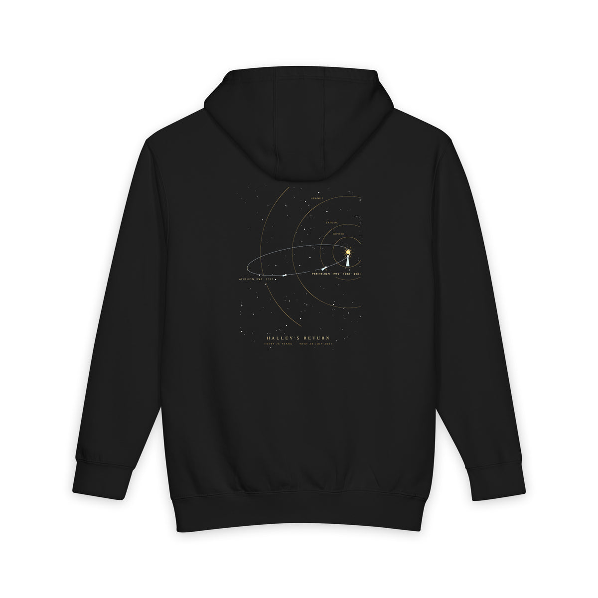 Halley's Return heavyweight hoodie in Black, original art by AuraCanvas