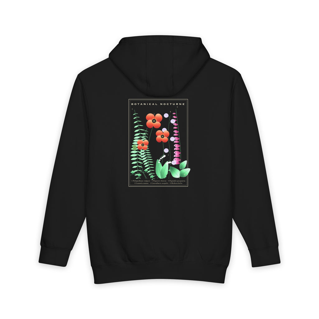 Botanical Nocturne heavyweight hoodie in Black, original art by AuraCanvas