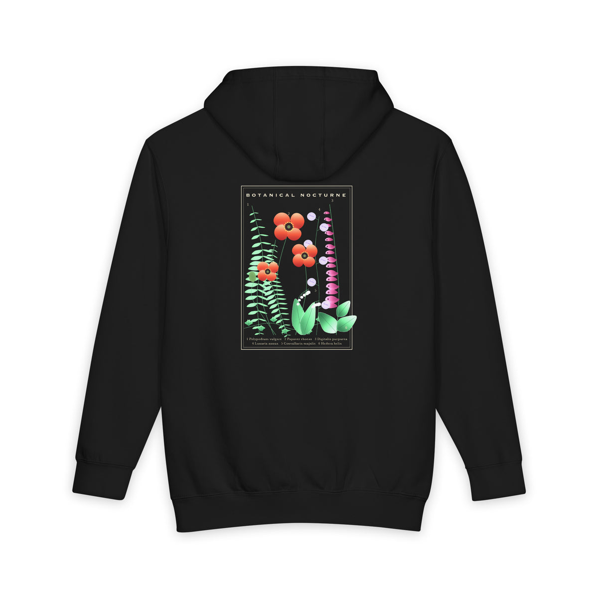 Botanical Nocturne heavyweight hoodie in Black, original art by AuraCanvas