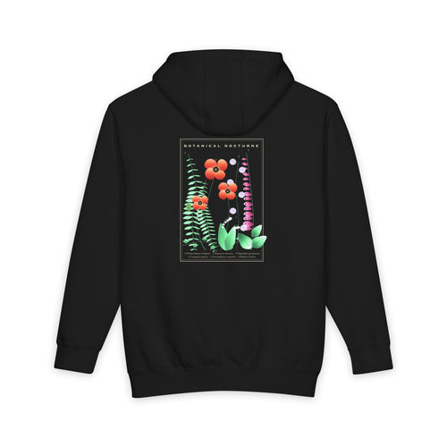 Botanical Nocturne heavyweight hoodie in Black, original art by AuraCanvas