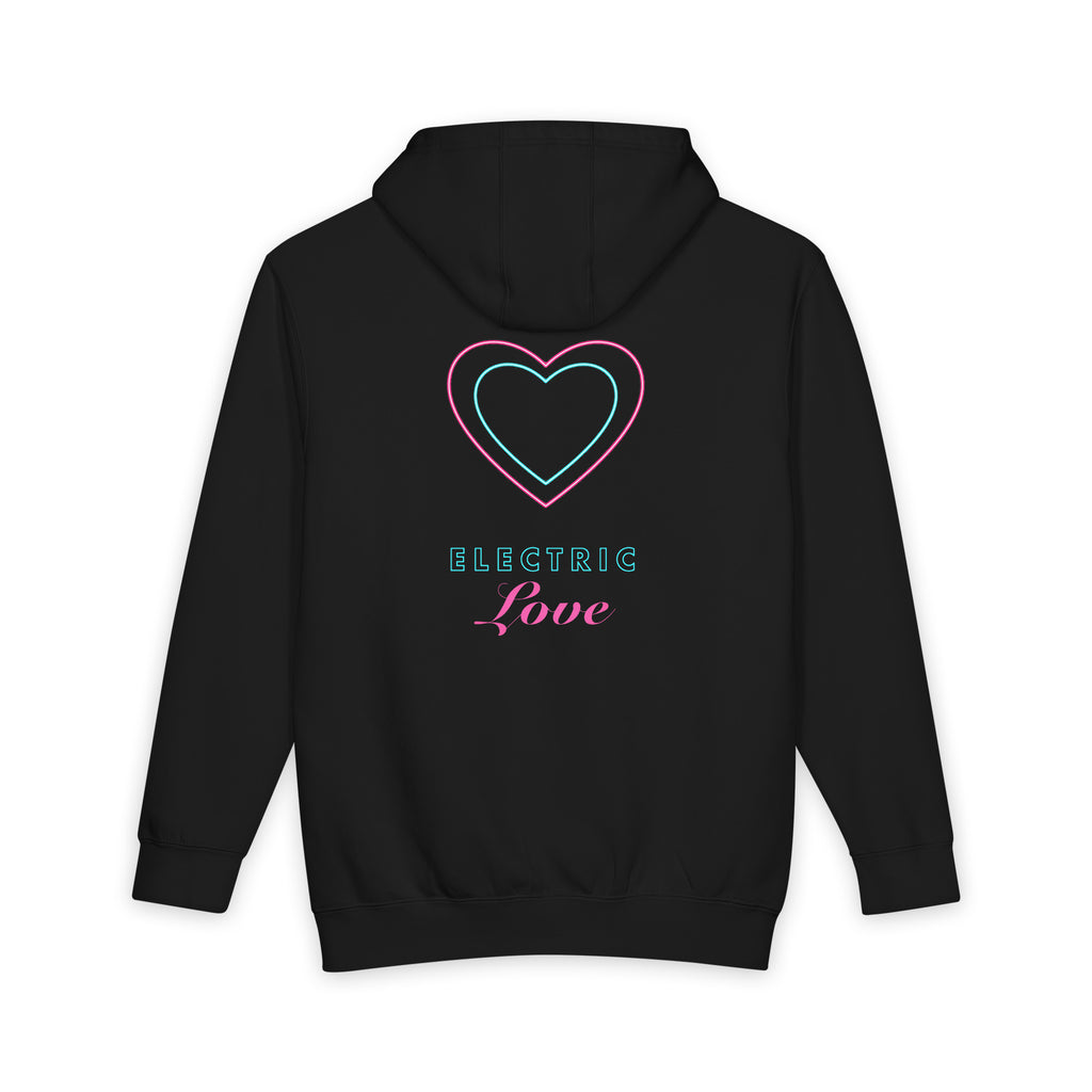 Electric Love heavyweight hoodie in Black, original art by AuraCanvas