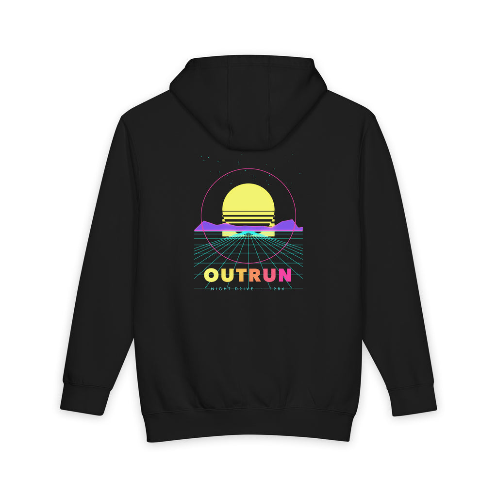 Outrun heavyweight hoodie in Black, original art by AuraCanvas