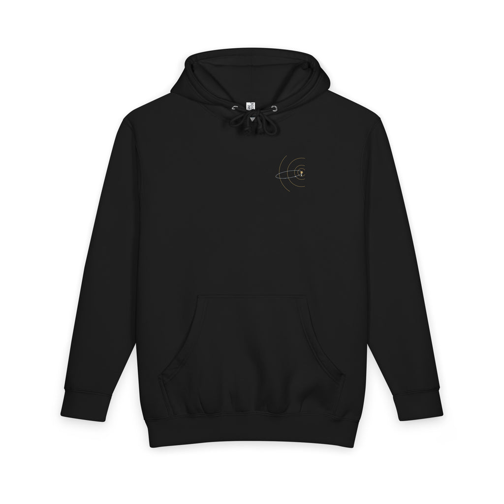 Halley's Return heavyweight hoodie in Black, front with the chest emblem