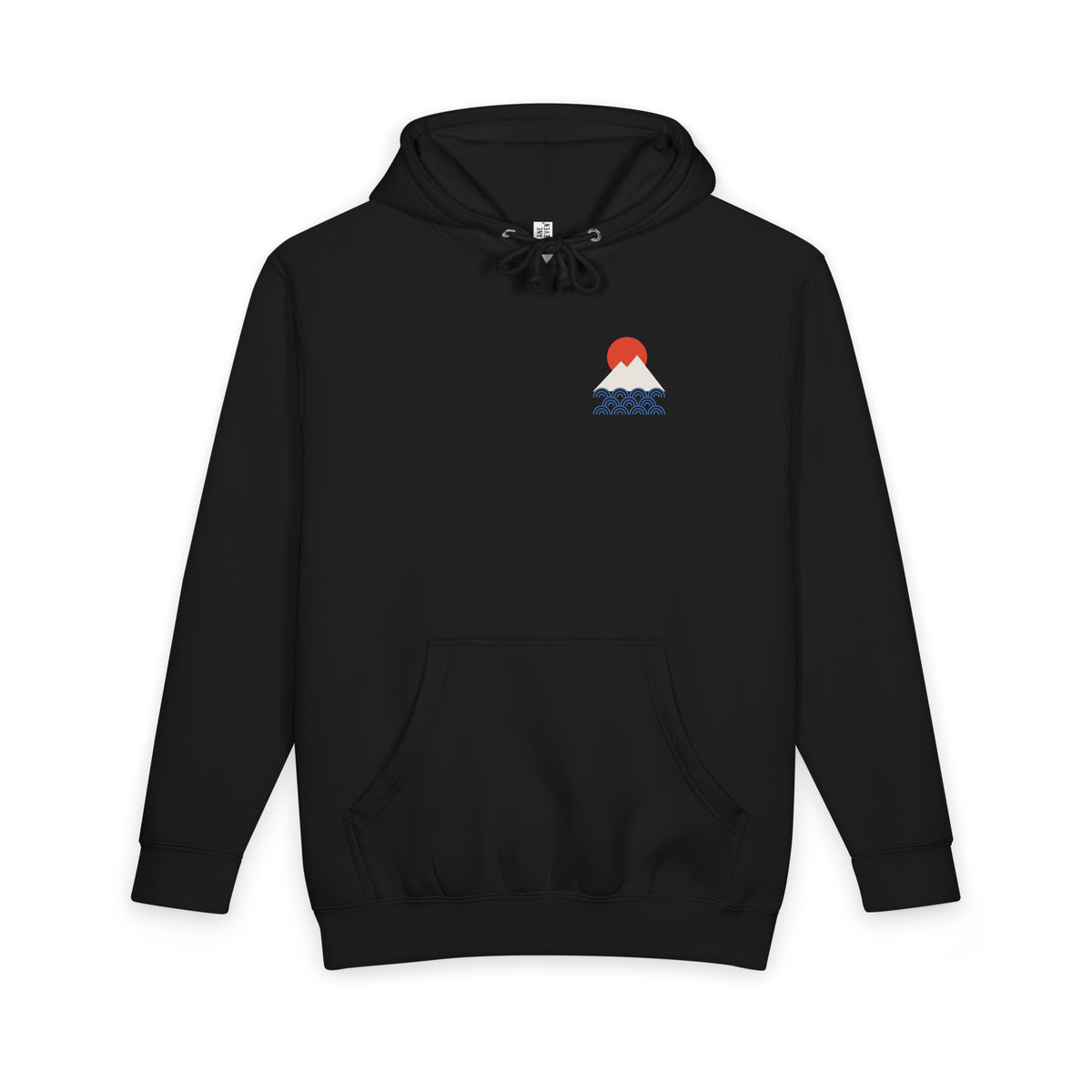 Dawn over Fuji heavyweight hoodie in Black, front with the chest emblem