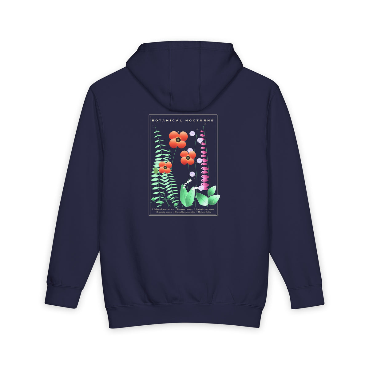 Botanical Nocturne heavyweight hoodie in Navy Blue, original art by AuraCanvas