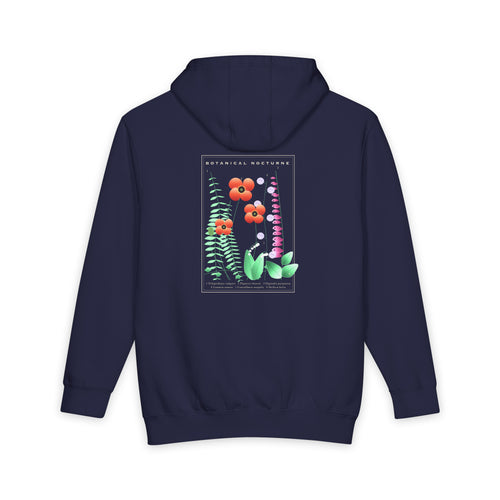 Botanical Nocturne heavyweight hoodie in Navy Blue, original art by AuraCanvas