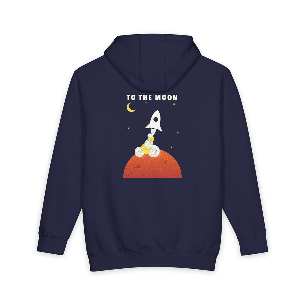 To the Moon heavyweight hoodie in Navy Blue, original art by AuraCanvas