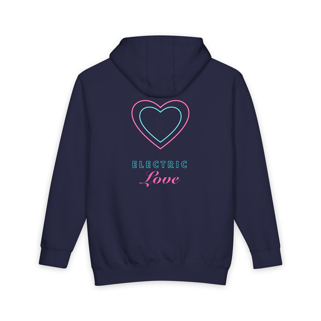Electric Love heavyweight hoodie in Navy Blue, original art by AuraCanvas