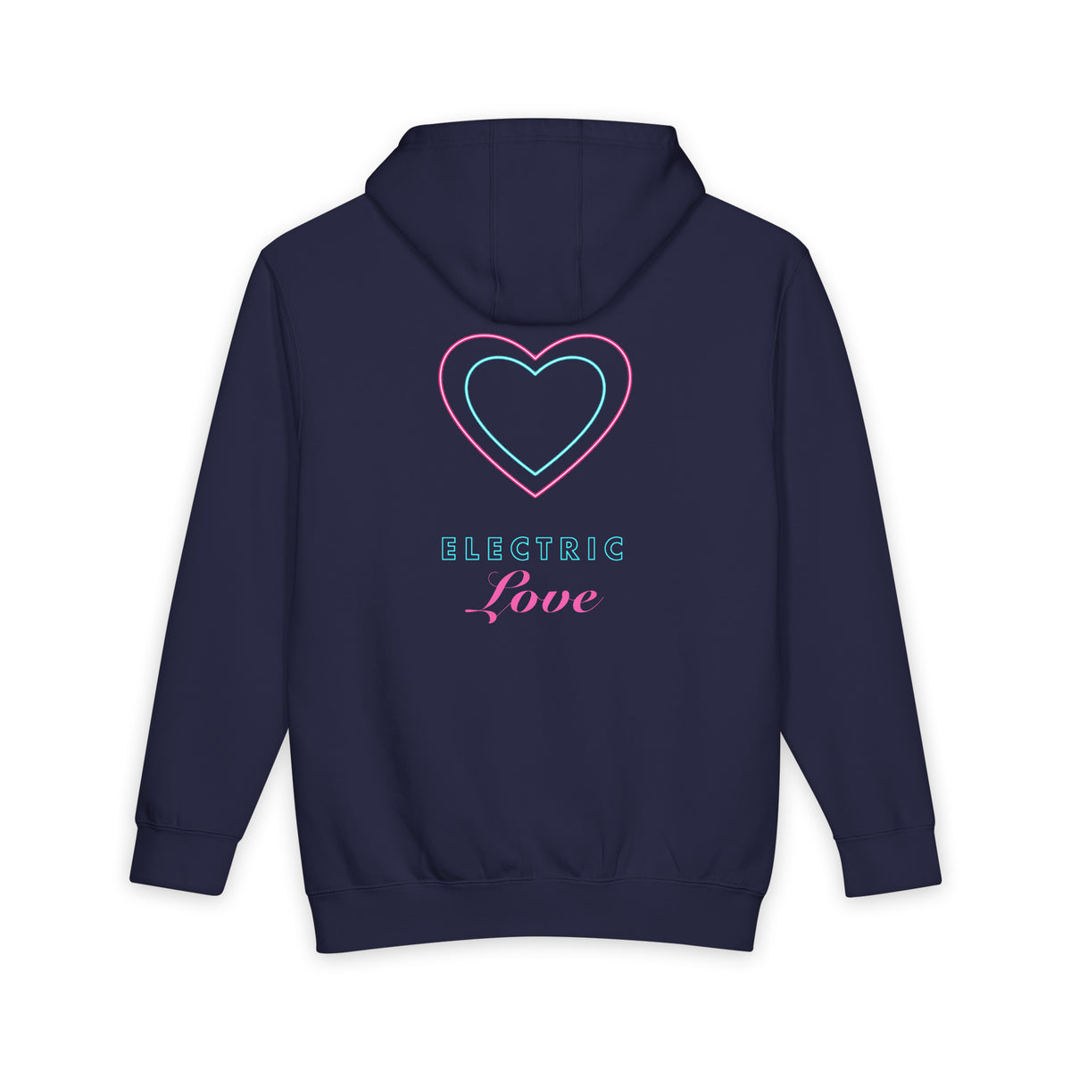 Electric Love heavyweight hoodie in Navy Blue, original art by AuraCanvas