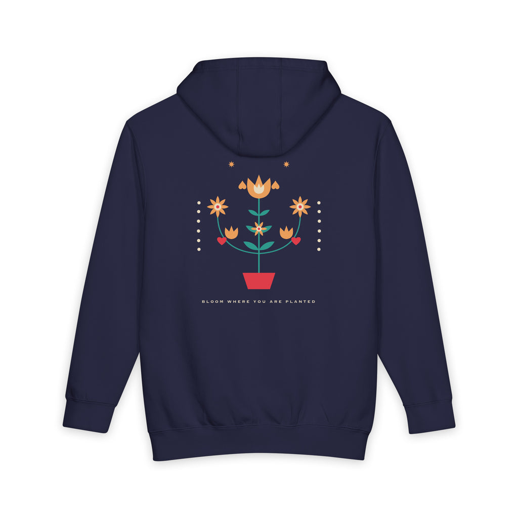 Folk Bloom heavyweight hoodie in Navy Blue, original art by AuraCanvas