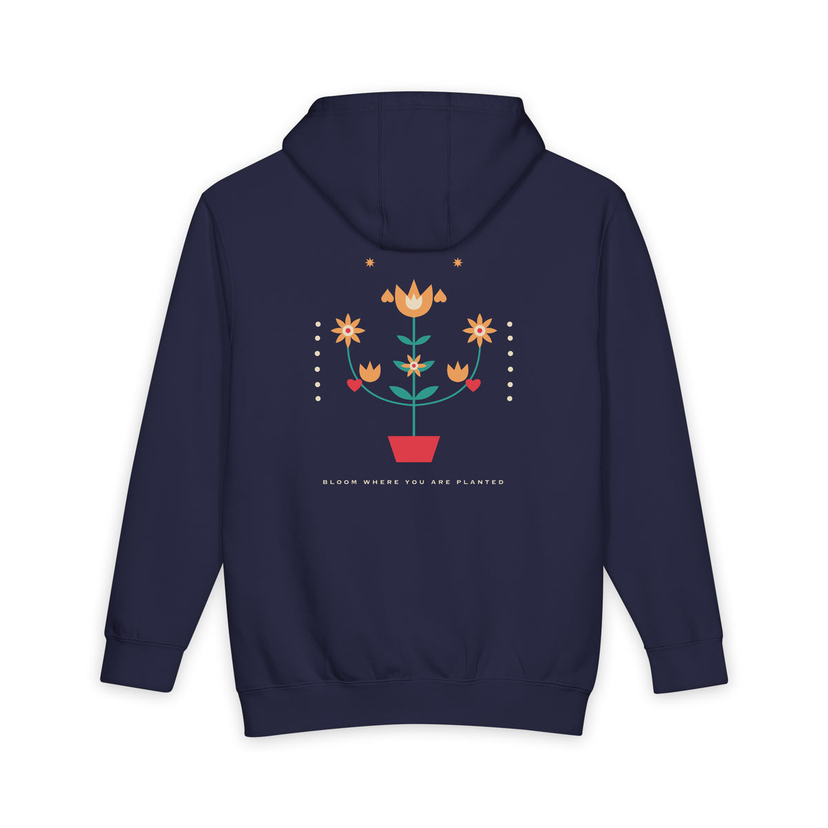 Folk Bloom heavyweight hoodie in Navy Blue, original art by AuraCanvas