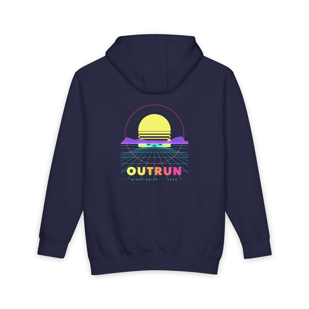 Outrun heavyweight hoodie in Navy Blue, original art by AuraCanvas