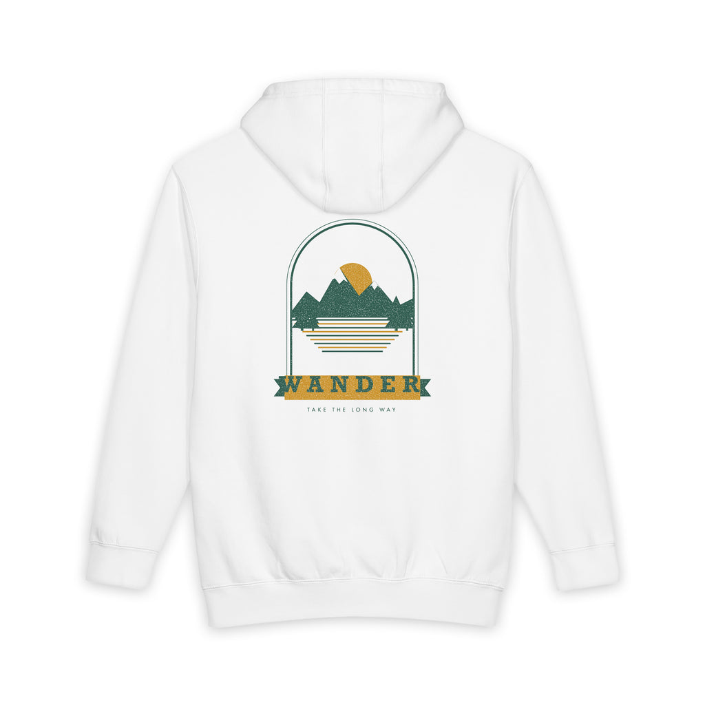 Wander heavyweight hoodie in White, original art by AuraCanvas