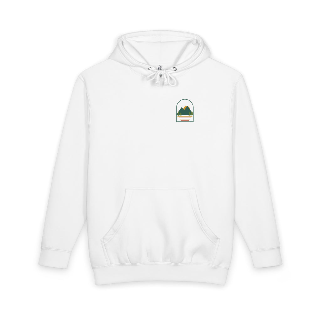 Wander heavyweight hoodie in White, front with the chest emblem