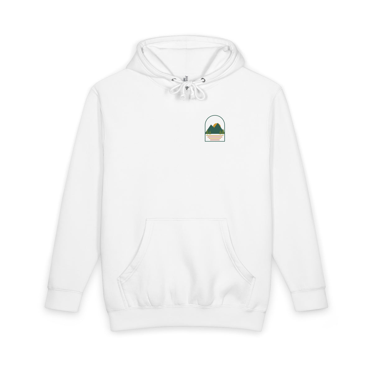 Wander heavyweight hoodie in White, front with the chest emblem